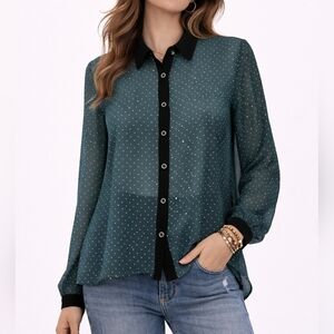 HAVE Teal Polka Dot Sheer Chiffon Button Down High-Low Cover-up Blouse
